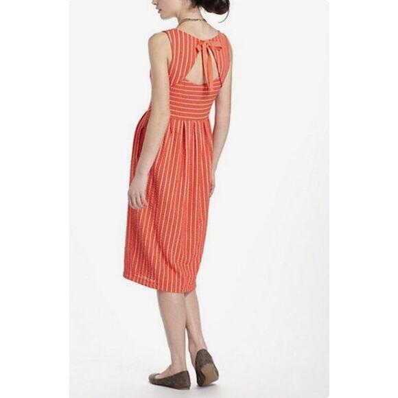 Anthropologie Postmark Retro Ribbon Tie Back Midi Dress XS Stripe Summer Coral - Picture 1 of 4